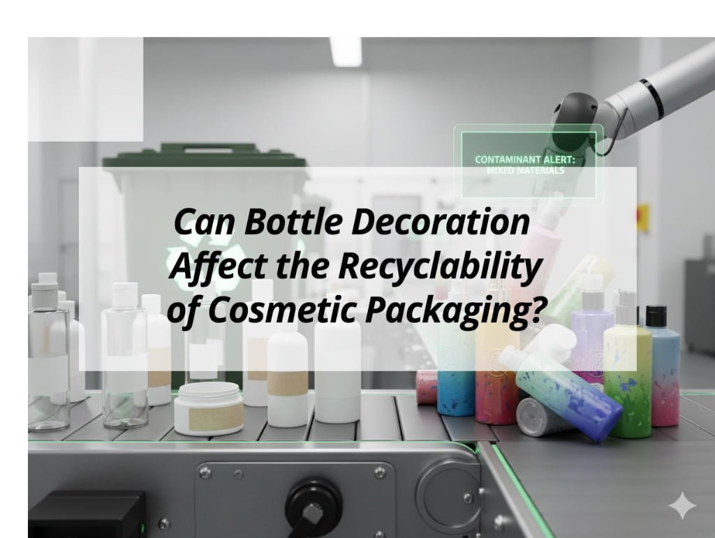 ![Bottle decoration effect on recyclability](https://jccosmopack.com/wp-content/uploads/2025/12/Can-Bottle-Decoration-Affect-the-Recyclability-of-Cosmetic-Packaging.jpg "Recyclability and Decoration")