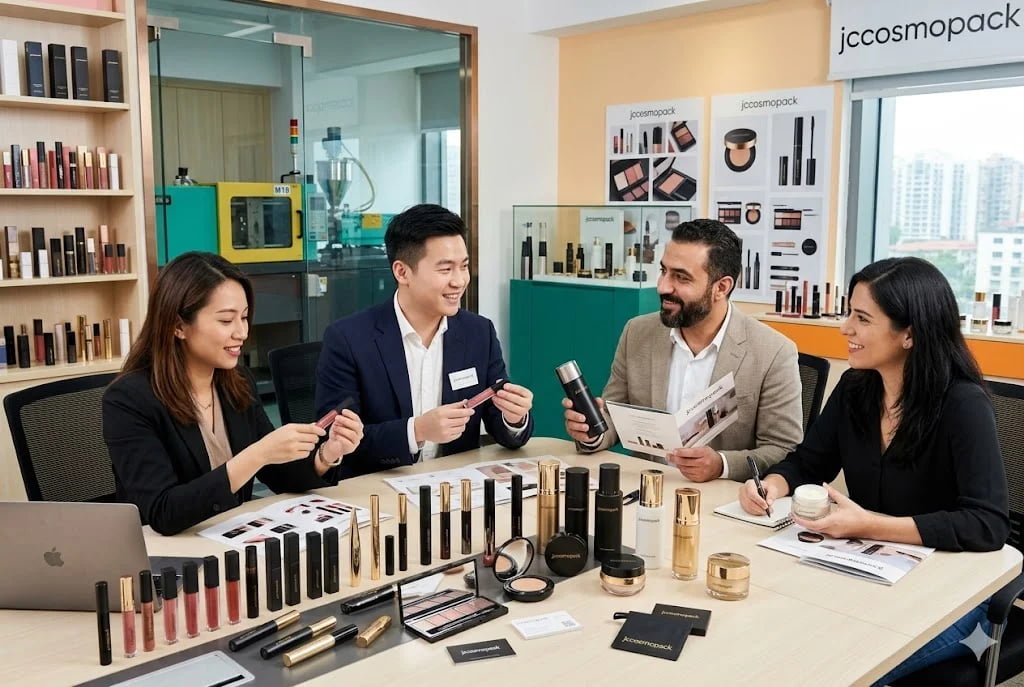 Customer discussing blueprints in factory