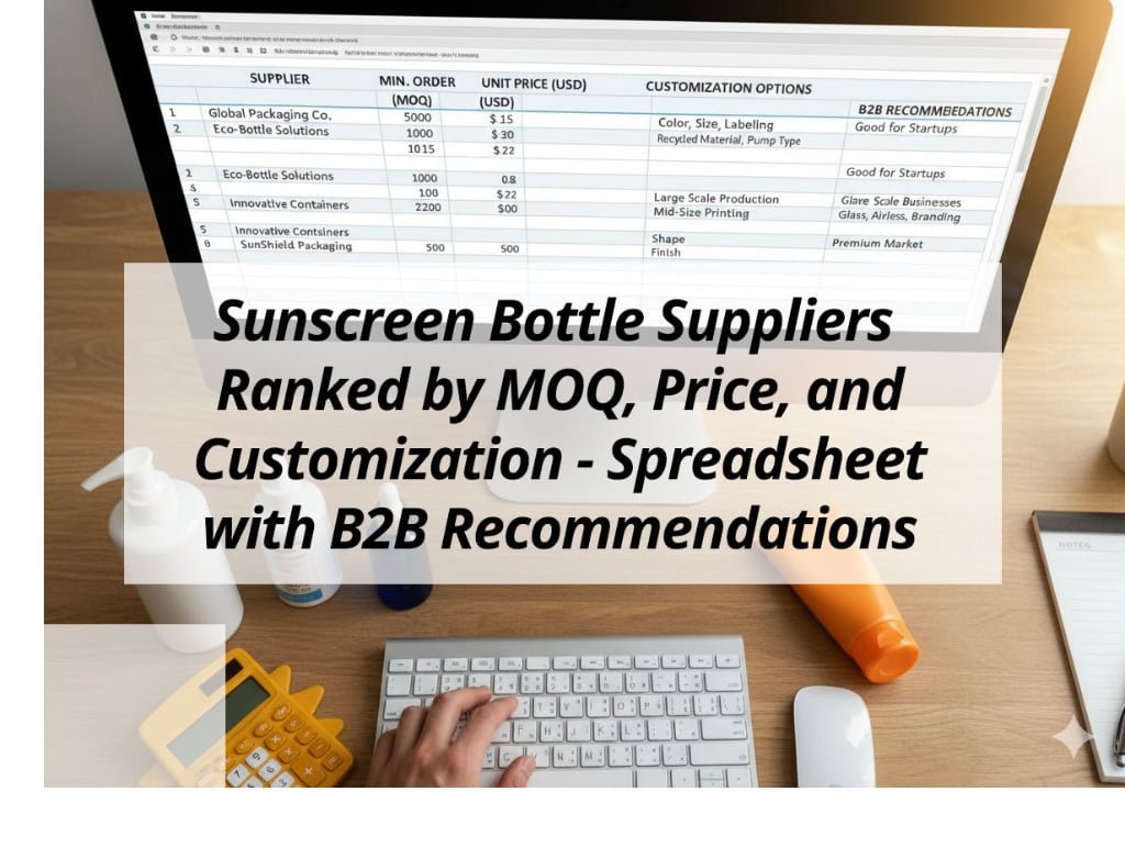 ![Ranked sunscreen bottle suppliers with B2B recommendations](https://jccosmopack.com/wp-content/uploads/2026/04/Sunscreen-Bottle-Suppliers-Ranked-by-MOQ-Price-and-Customization-Spreadsheet-with-B2B-Recommendations.jpg "Sunscreen Bottle Suppliers")